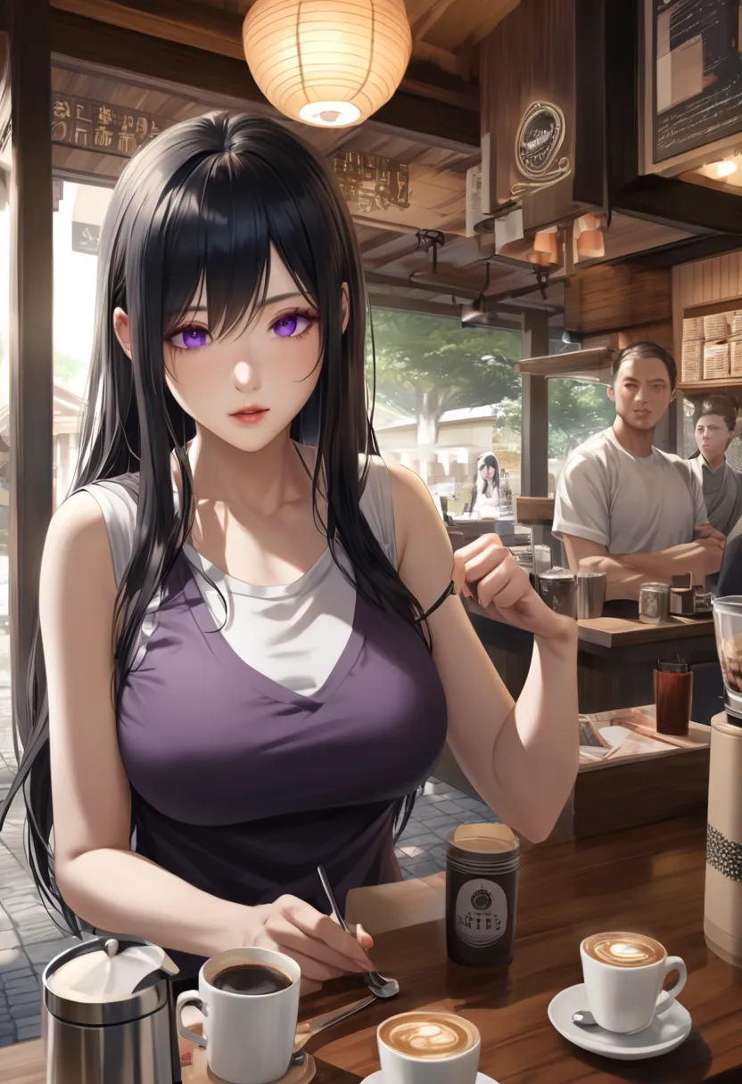 tandaeru, purple eyes, long hair, black hair,  big breasts at the temple,  sleeveless shirts, , realistic shaded chest , coffee ...