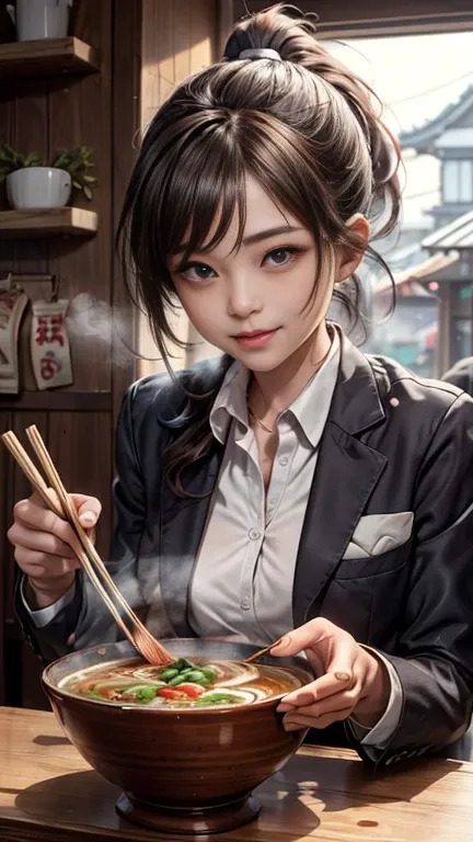 1 girl, very bright backlighting, solo, {beautiful and detailed eyes}, calm expression, natural and soft light, delicate facial features, Blunt bangs, beautiful Korean girl, eye smile, Front-facing shot of a high school girl sits at a ramen shop, savoring ...