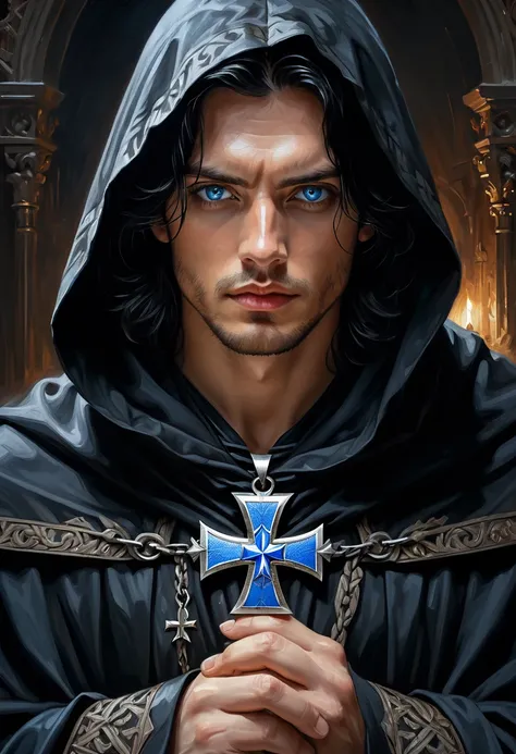 a man with blue eyes and black hair in a cloak with a small iron cross in his hands,  oil painting portrait ,  Ana Bocek art ,  Michael Komarek , Andreas Rocha, intricately  in detail fluid gouache painting,  sensual and alluring , in her 30s , , stunningl...