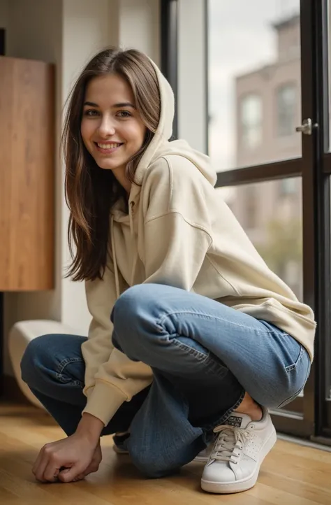 a beautiful 27 year old European girl with long brunette straight hair, wearing a baggy hoody, jeans, and sneakers, smiling solo, (best quality,4k,8k,highres,masterpiece:1.2),ultra-detailed,(realistic,photorealistic,photo-realistic:1.37),female portrait,in...