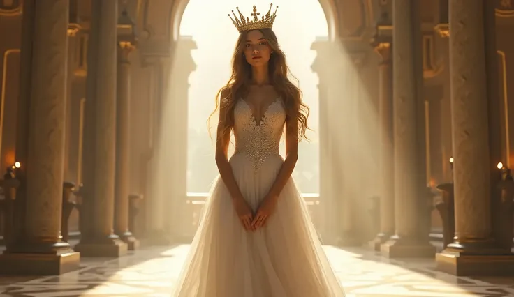 Inside the large castle 、 beautiful woman wearing a white dress and a golden tiara