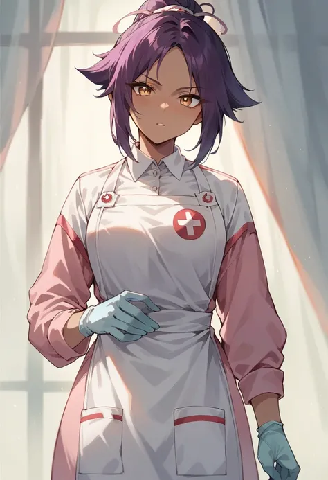 1 girl, yoruichi, ((black medical gloves)), (pink paramedic uniform), ((long sleeves)), looks at the viewer, standing, solo, medical apron