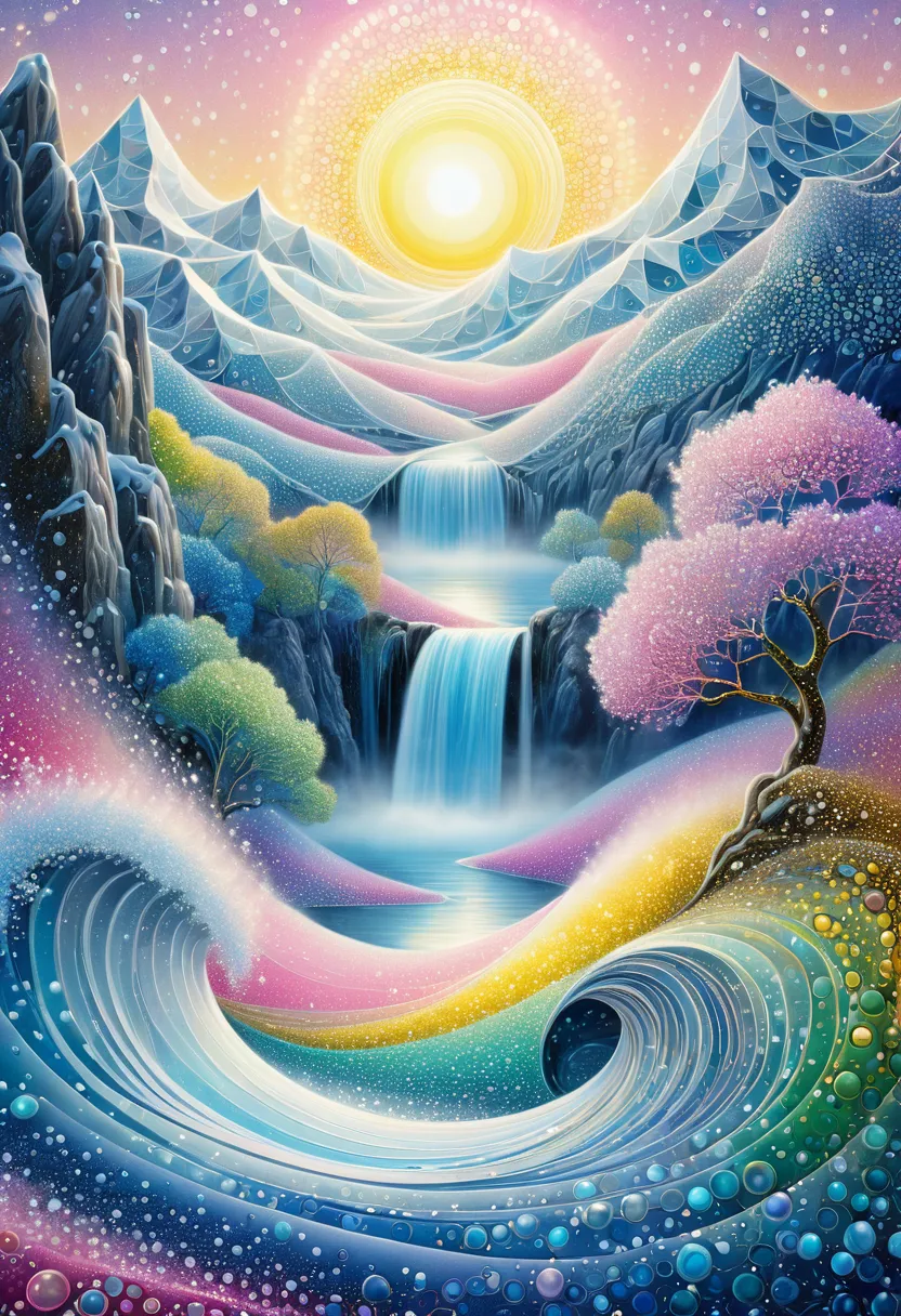  Fractal landscape ,  Wave pointillism , glow,  snowy plain ,  Dancing waterfall , Mountains, lake, “Spiral” carousel . Sun. miracles . Mysticism.  Transparent .  Plastic tenderness of emotions .  Porous structure Blue , grey, blue, white,  turquoise powder , indigo, yellow, pink, green,  pearl pencils .  Gustav Klimt style , pink, ochre .  Pearl mist .  drawing , smooth lines, silver,  gold Penetrating backlight + Volumetric light.  Depth of field Gloss , shift .  Stereo effect 