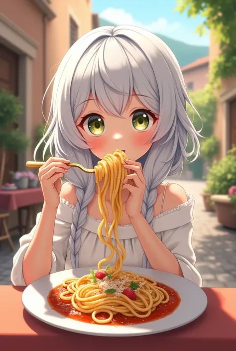 Beautiful Italian anime girl with wavy white hair eating pasta