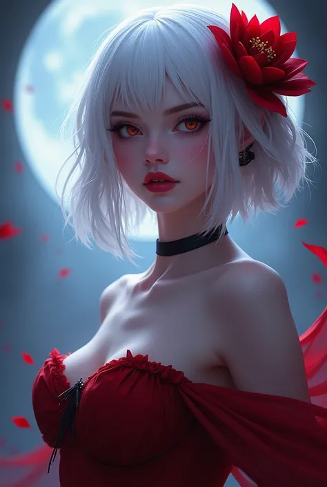 Mobile legends, Carmila, Vampire, moonlight, Realistic, white hair, A crimson flower on the head, A red dress, close up