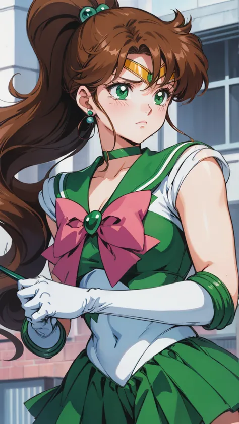 best quality,  high resolution on down, 1990s \( style \), retro art style , 1990s anime cels  style ,  sailor jupiter ,  fighti...