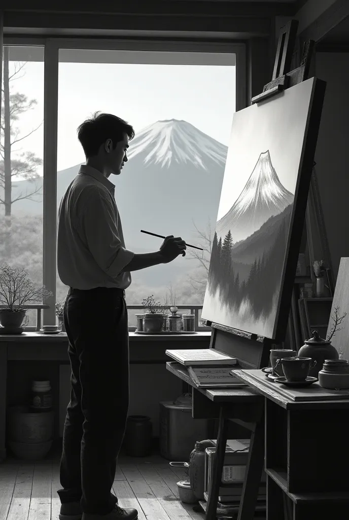 masterpiece, raw photos,32k, the painter man holding a brush ,take up the brush,atelier,young japanese man,refreshing but cranky,draw mt. fuji, monochrome