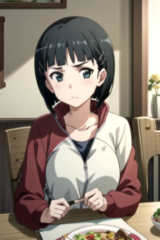 EFT_Sao_Sis, 1girl, kirigaya suguha, black hair, solo, short hair, track jacket, hairclip, hair ornament, jacket, green eyes, food, looking at viewer, black eyes, frown, breasts, sitting, collarbone, upper body, indoors