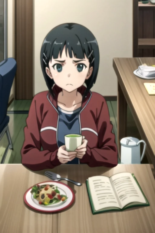 EFT_Sao_Sis, 1girl, kirigaya suguha, black hair, solo, short hair, track jacket, hairclip, hair ornament, jacket, green eyes, food, looking at viewer, black eyes, frown, breasts, sitting, collarbone, upper body, indoors