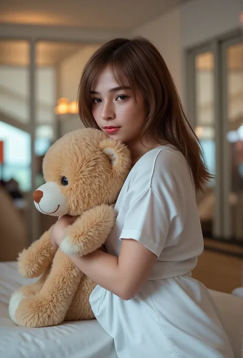 a young woman seated on a bed, holding a large, fluffy beige teddy bear close to her chest. she has soft, natural makeup with sm...