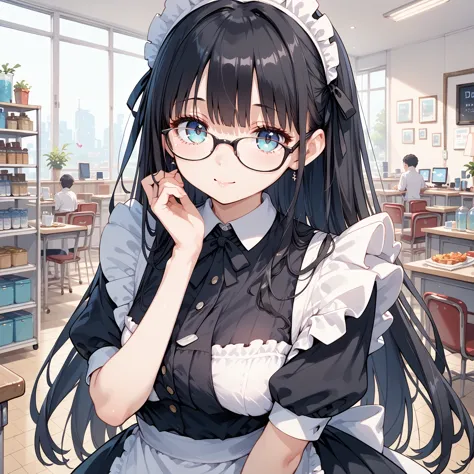  1 girl, Black Hair, long hair,Glasses, maid clothes.Department Stores,Lost