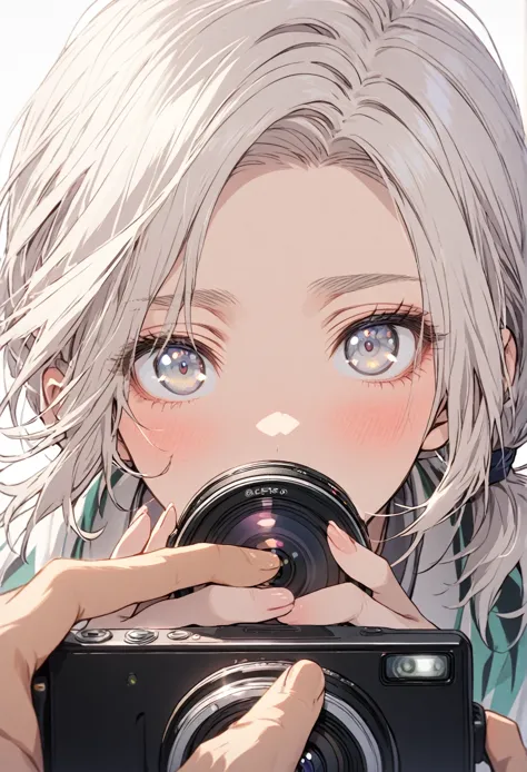 ((portrait)) ((pov: close camera)) 1 boy, white hair, short ponytail, white eyes, wearing haori,