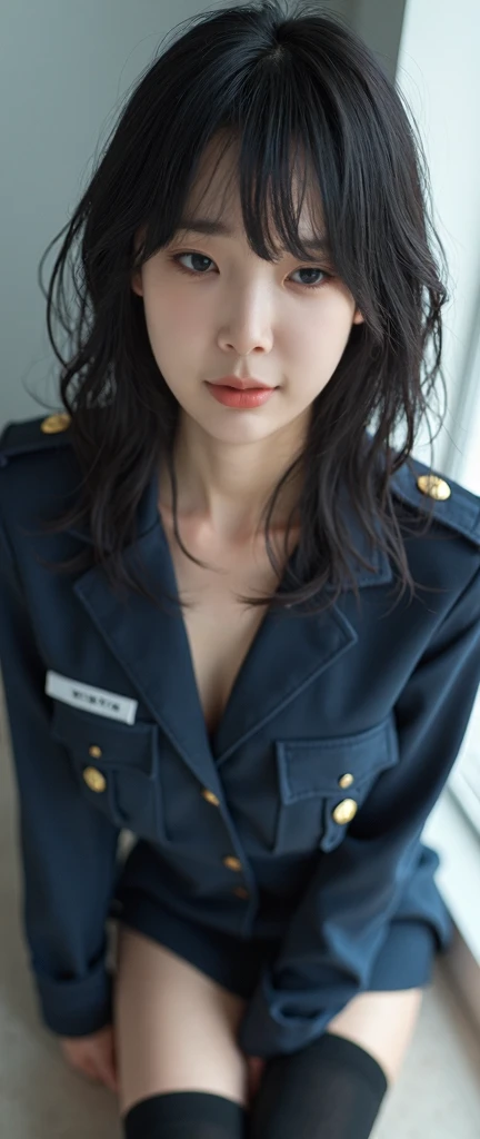 ( very realistic pictures , concentrate、 high resolution on down,  detailed face,  detailed hair,fine grain),  Japanese Women, Age 30, Natural look、A refreshing and gentle look,  black hair semi-long , Small Bust，(警察官の sexyなコスプレ),  wearing black knee-high ...