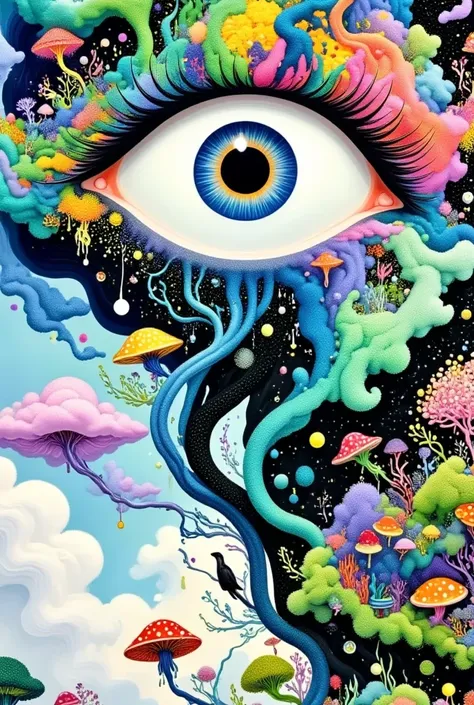 abstract art。creative illustration ，psychedelic art style, a painting, an eye in the sky 。fluffy clouds。 lush vegetation on the ...