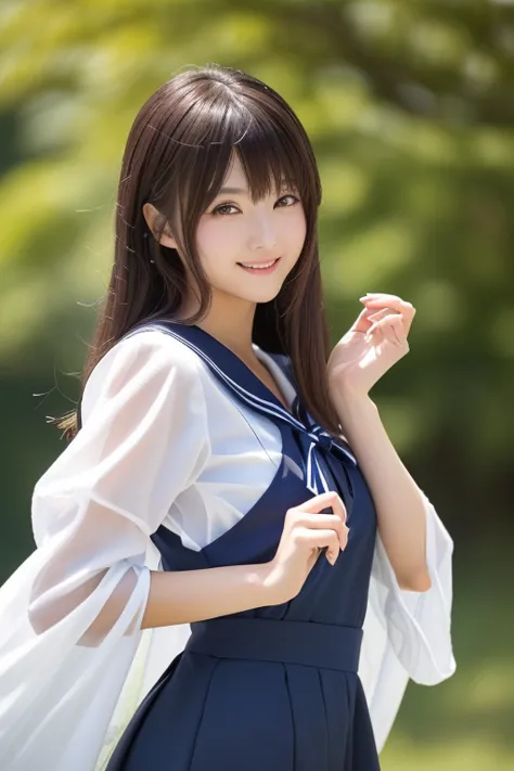 photo-realistic quality、a japanese model wearing a sailor suit is posing for a photo, anime girl cosplay, anime cosplay,    anim...