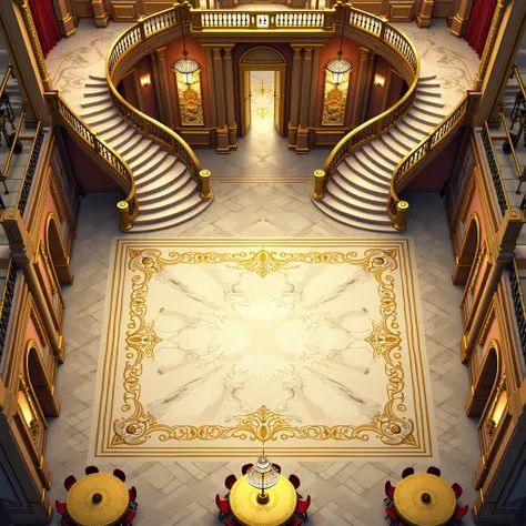 Top-down architectural view of an opulent ballroom battlemap for RPG, showcasing an elegant golden and marble theme. The ballroom has two levels:

On the ground level, the main dance floor is covered with polished marble with intricate gold patterns. A gra...