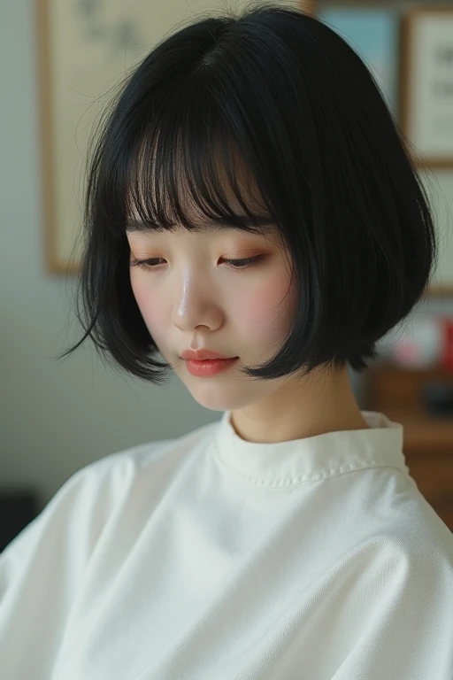 （Best Quality,4K,8k, high resolution on down,masterpiece:1.2), very detailed,(Realistic,photoRealistic,photo-Realistic:1.37),20th generation Korean beauties, full body、 textured straight short bowl-cut hair wearing a white sleeveless poncho for a haircut、S...