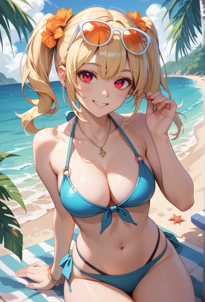 1girl, breasts, solo, eyewear on head, navel, looking at viewer, crop top, cleavage, smile, bikini, twintails, blonde hair, oran...