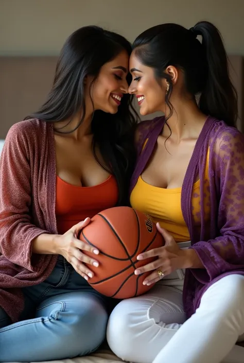 A 28 year old indian busty women ((Large breast)) with long hair, wears Maroon Printed open Kurti with Orange inners and Denim jeans and other 28 year old indian Busty women ((Large breast)) with pony tail wears Purple long sleeve Printed transparent Kurti...