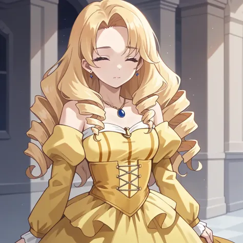 score_9, score_8_up, score_7_up, score_6_up, score_5_up, score_4_up, 1girl, closed eyes, blonde hair, wavy hair, twin drill, long hair,  yellow dress,  break  break best quality, 8k, hyperrealistic, extremely detailed, anatomically accurate, highly detaile...