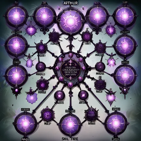  Describe a skill tree represented by purple spheres several of them one in the center with the name [Arthur] , the others named after magic derived from the dark element , With at least 50 magic , from the dark element I count on your creativity 