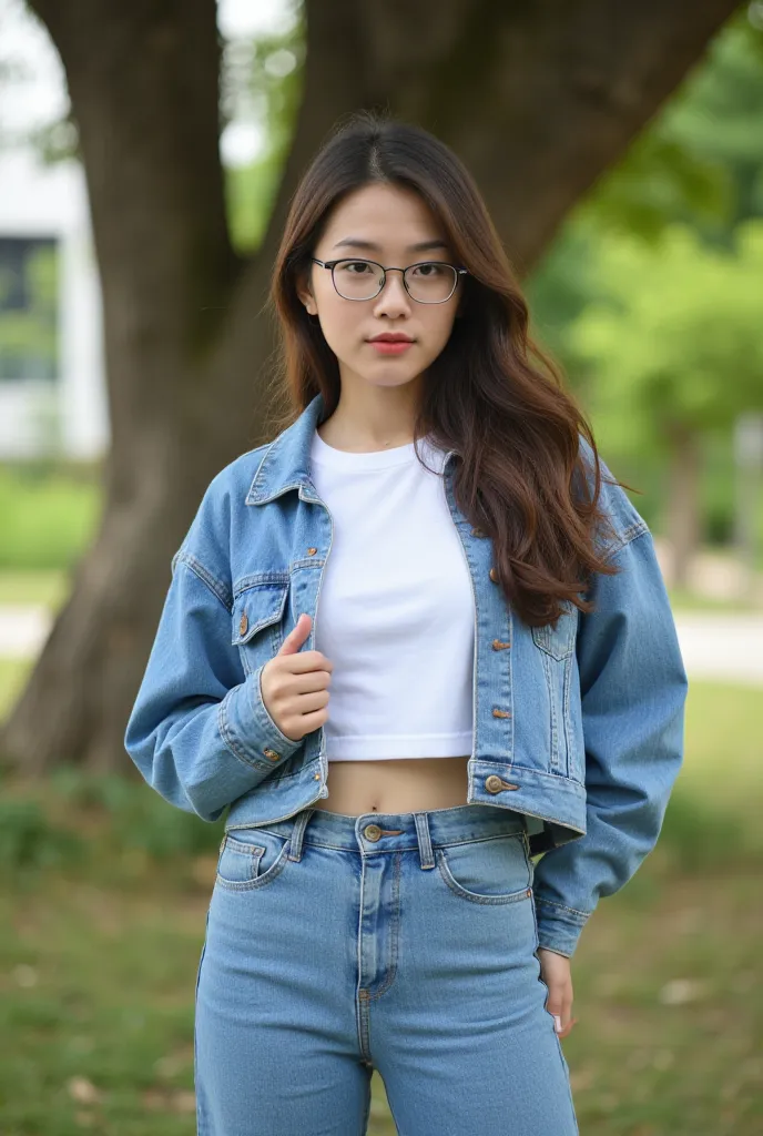 beautiful young woman,thai person, pretty fresh face ,wavy hair, wearing a white t-shirt with a covered denim jacket., with glas...