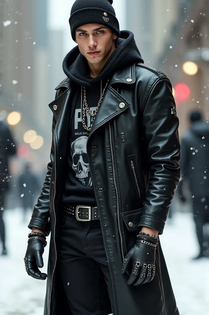  A young man dressed in a nu metal style from the early 2000s , Ideal for winter .  He wears a long black leather coat ,  with a straight cut and slightly fitted ,  with thick-stitched details and some metallic patches on the shoulders . Under the coat,  he wears a dark gray hoodie ,  with a graphic design of skulls or gothic letters on the front ,  and the hood protrudes from the coat ,  adding a casual and casual touch .  Under the sweatshirt ,  wears a long-sleeved black thermal t-shirt to add warmth in the cold weather .  The pants are made of black denim ,  wide and with details of slight tears on the knees ,  accompanied by a thick leather belt with a cross-shaped metal buckle .

As accessories,  wears a black wool hat with a small band logo on the front and fingerless leather gloves ,  showing several silver rings with heavy designs on the fingers . on the neck,  wears a thick-link necklace with a metal pendant in the shape of a blade . on the wrists,  use a combination of leather bracelets with rivets and some rubber bands with band inscriptions or alternative phrases. on the feet,  She wears black combat boots , worn and with thick soles ,  perfect for winter and to complete the rough look .  His expression is calm but intense ,  with a confident and relaxed posture ,  representing the alternative and challenging attitude of nu metal in the early 2000s .