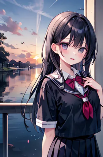 {masterpiece}, {best quality}, 1 girl,school_uniform,sunset, big chest、 long black hair 、