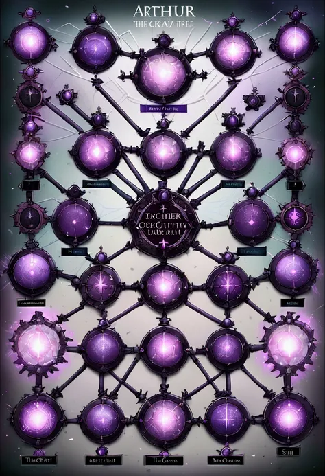  Describe a skill tree represented by purple spheres several of them one in the center with the name [Arthur] , the others named after magic derived from the dark element , connected through a flow of energy in the color purple with at least 50 spells, fro...