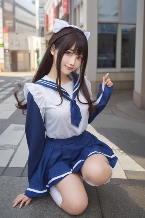 photo-realistic quality、see-through sailor suitを着た日本人モデルが写真のポーズをとっている, anime girl cosplay, anime cosplay,    anime girl がしゃがんでいる...