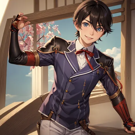 (masterpiece, Best Quality:1.2),  cowboy shot, Alone, male focus, One boy, Horikawa Kunihiro , smile,  hidden by my hair,  is crossing his arms, Samurai Armor,  double breasted, button,  jewellery, Stud earrings