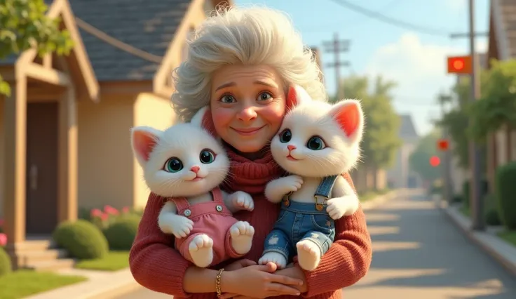 Style: Realistic, cinematic, bright, sharp concept art Details: granma pick up a ragdoll kitten-boy and a baby ragdoll kitten-girl smaller , sunny, day, Characters: a ragdoll kiten-boy, ((((((((((((((((matted)))))))))))))))) white fur, cute, sleep, big blu...