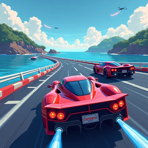 futuristic racing game, video game close up of cars racing on a course, F-zero, pixel art, video game screenshots, game cars racing on a course over the ocean, F-zero screenshots, gameplay stills, gameplay screenshots, 1990 video game screenshots, 1991 vid...