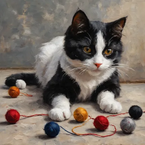  Oil painting on canvas  ,  A black, white, and red mottled cat playing with thread balls ,  a combination of palette knife techniques and linear brush strokes, Blurred Edges, Focus on the cat  