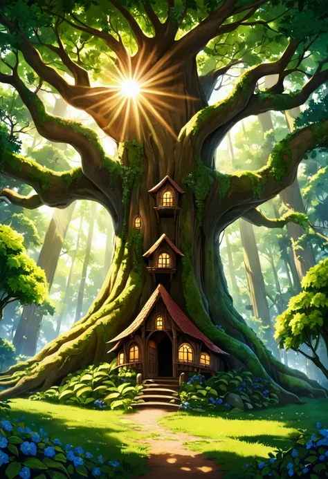 house deep in the forest, inside the giant tree, mysterious, the sun shines, rich nature