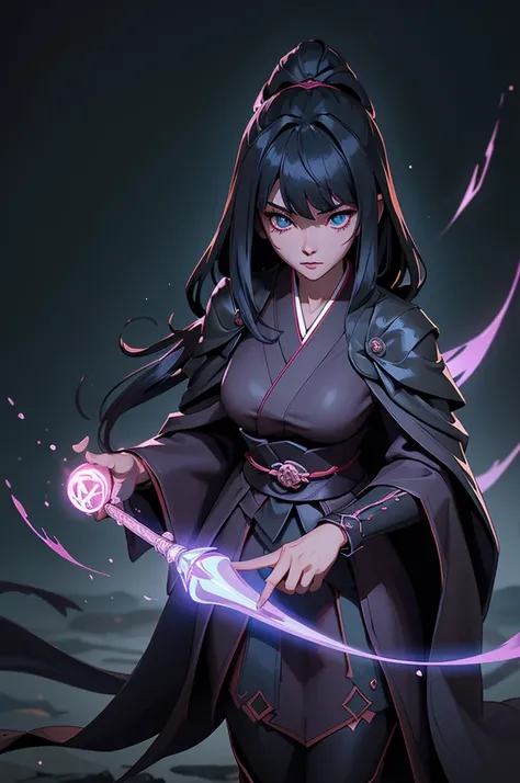 Best quality, masterpiece, high quality, detailed beautiful face, (detailed beautiful eyes), Tsukuyomi, nihonshinwa, Japanese, woman, dark magician, shadowy atmosphere, mysterious aura, ethereal glow, darkness, RPG game character, standing full-body shot, ...