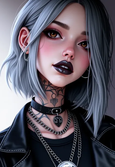 Portrait of a  old black- silver hair girl, the long hair falls to the right side, left side is cut short, eyes brown , lips black, the neck is tattooed, she is wearing a collar, she is wearing a black leather jacket anda black T-shirt, she wears a silver ...