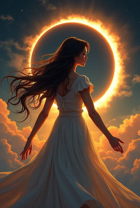 An exquisite manga-style illustration capturing defiance during an eclipse, framed in a dramatic full-body shot with intense lighting. A woman stands boldly, her eyes filled with determination, her long, flowy hair illuminated by the eclipses glow. The com...