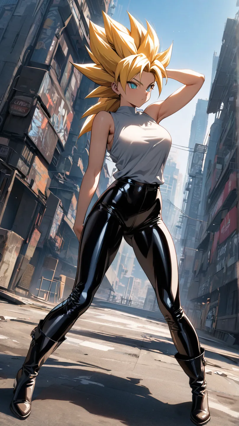 Long Shot,full body,Dynamic angles, Super Saiyan girl,sleeveless t-shirt and latex pants,high angle,CITY back ground,solo, 1 female,Highest quality,masterpiece,cool pose,stand,put on boots, (front view:1.1)