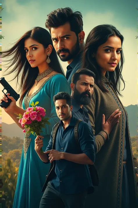 (Young gorgeous woman with Black hair in jeans shirt with holding gun with anger in night and same beautiful woman in blue kurti with holding flowers with beautiful smile in her hand in day), (handsome young man with short beard in white shirt and jeans fl...