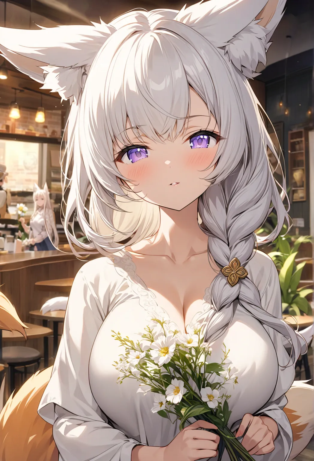 (pov: close) ((flower pattern ornament)) ((motherly expression)) ((alone)) create an anime-style image of aiko, an elegant fox g...