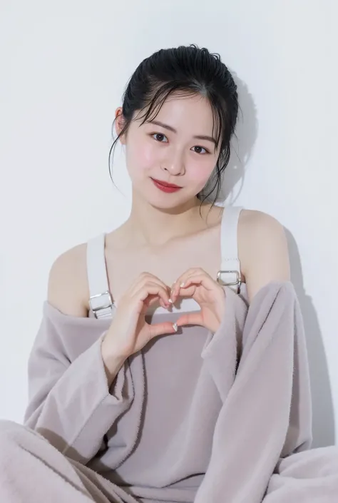 Only one woman with a cute smile wears cute, fluffy off-shoulder pajamas, makes a big heart shape with both hands, and poses them in front of her chest, View above collarbone、The background is a monotone 

