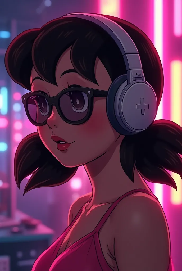 brown hair . beautiful woman with curly hair and sunglasses wearing full size headphones - ear piece or surround dark room neon ...