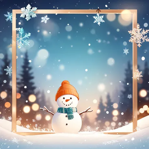 2D illustration, winter bokeh, beautiful winter stock photos with snowflakes and bokeh lights, bokeh art with snowflake, single snowman in frame border, winter colors, pale greenish blue and whitish orange gradient background, shallow focus gradient backgr...