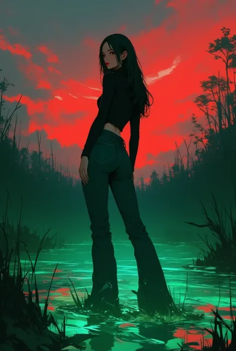 fetish obsessed Woman, gloomy orgasm , turtlenecks and flared jeans , drowning in a swamp of quicksand, green,red,sky, red lips, turns around,provocative photo shoot 