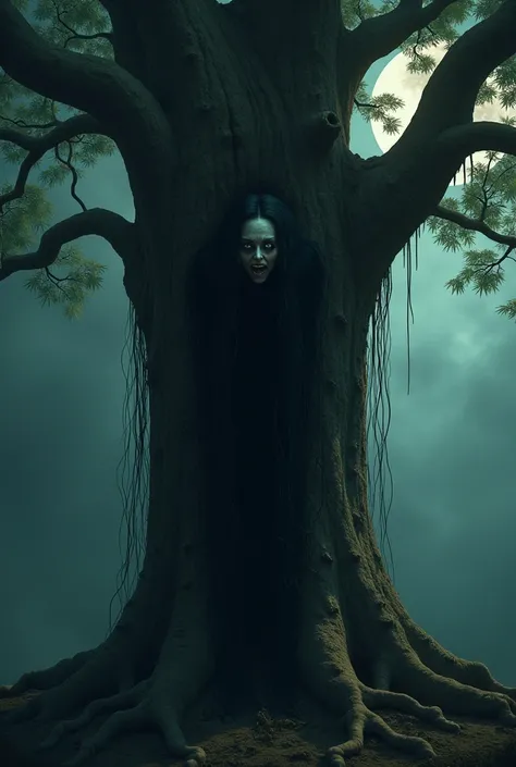 A macabre scene unfolds as a terrifying Pontianak descends from the tree trunks gnarled roots, her long hair cascading like a dark waterfall. Her head hangs low, eyes fixed on the viewer in an unnerving gaze. The inverted position adds to the sense of unea...