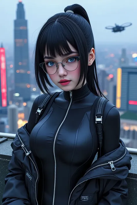 Photorealistic, real photo, god rays, 1girl, black hair, long straight hair, ponytail, blue eyes, square glasses, tight bodysuit, cropped jacket, cyb0rg, science fiction, cable, mechanical parts, rooftop, cyberpunk city skyline, flying vehicule, neons,