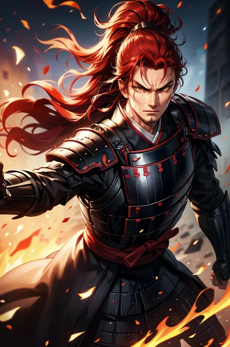 wearing armor one adult man, wearing light armor, wearing black kimono, red hair, golden eyes, scar, snake pupils, intense anger...