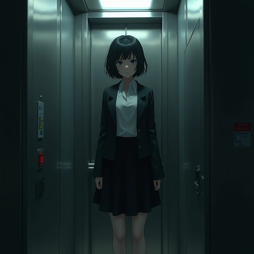 Scared girl in the elevator. With black hair bob , black jacket, white blouse, black skirt,