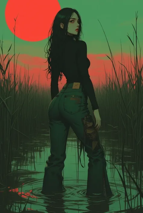 fetish-obsessed Woman, gloomy orgasm , turtlenecks and tight flared jeans , drowning in a swamp of quicksand, green,red,sky, red lips, turns around, provocative photo shoot 